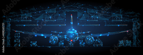 Fotografia Front view of an airplane in a hangar in dark blue