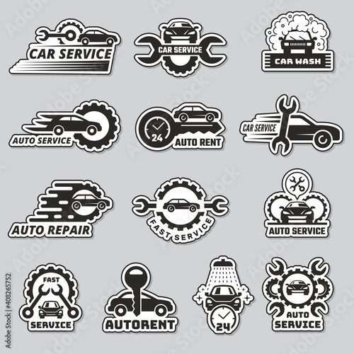 Car service logo. Silhouettes of automobiles garage vehicles mechanic repair cars recent vector stylized business emblems templates. Illustration transportation mechanical support emblem