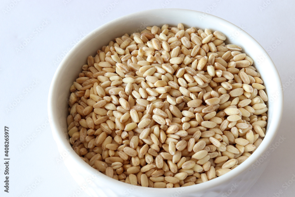 Organic raw wheat grains on a white background Organic raw wheat grains on a white background