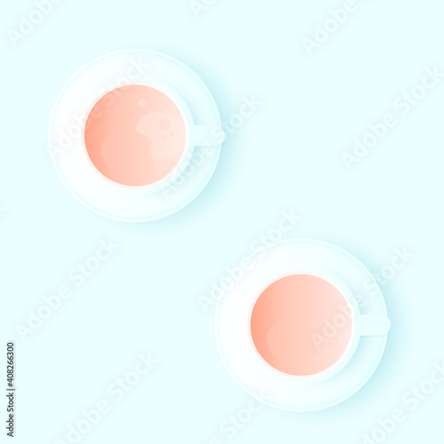 Two cups of tea or coffee on dish with milk. View above. Blue background.