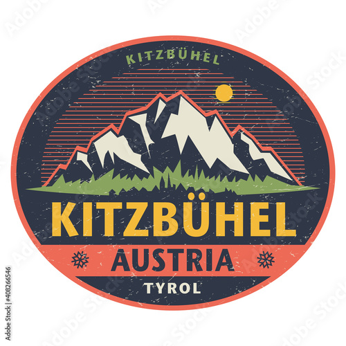 Sticker or label with mountains and text Kitzbuhel, Austria