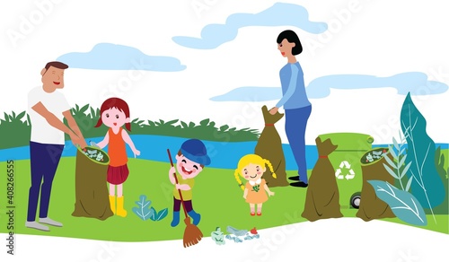 People cleaning shore by collecting garbage into trash bags. Family of eco volunteers working together and picking plastic litter. Parents and children care about nature. Flat vector illustration