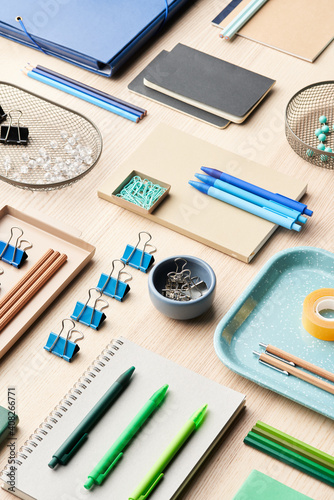 Various stationery arranged on table