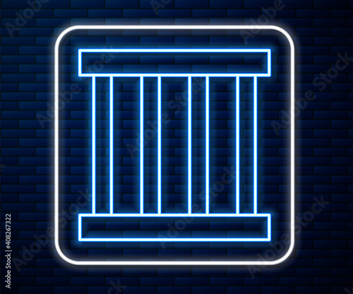Glowing neon line Prison window icon isolated on brick wall background. Vector.