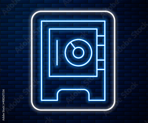 Glowing neon line Safe icon isolated on brick wall background. The door safe a bank vault with a combination lock. Reliable Data Protection. Vector.