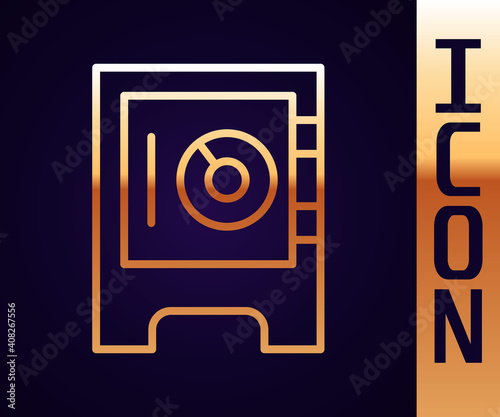 Gold line Safe icon isolated on black background. The door safe a bank vault with a combination lock. Reliable Data Protection. Vector.