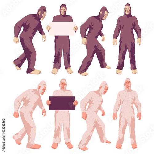 Bigfoot and yeti vector cartoon characters set isolated on a white background.