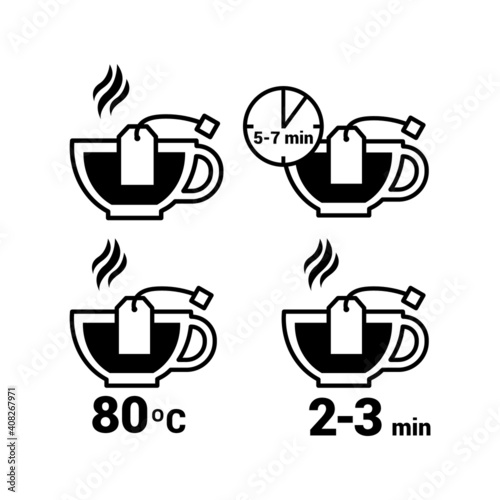 Vector image. Tea drink icon. Temperature and preparation time of tea.