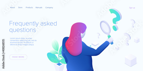 FAQ concept illustration in isometric vector design. Frequently asked questions concept with woman looking through magnifier.