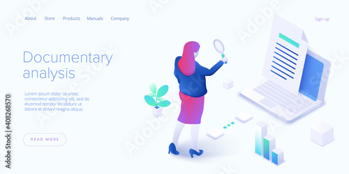 Documentary analysis in isometric vector illustration. Document qualitative research with woman looking through magnifier. Web banner layout.