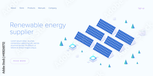 Renewable energy sources concept in isometric vector illustration. Solar electric panels and wind turbines. Sustainable power plants for clean environment . Web banner layout template design.