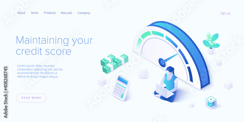 Credit score or rating concept in isometric vector illustration. Loan history meter or scale for creditworthiness report. Web banner layout template. photo