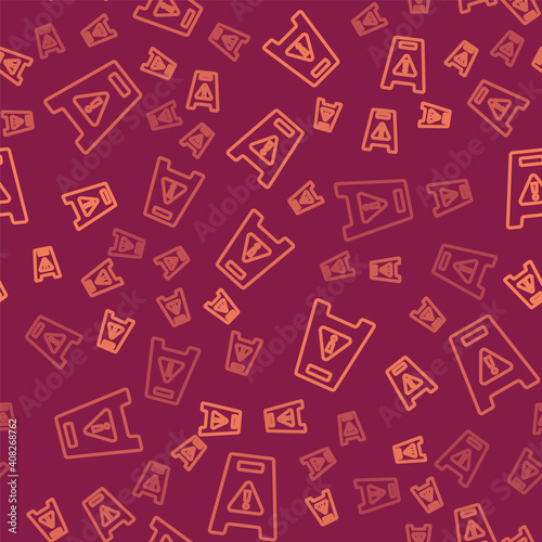 Brown line Wet floor and cleaning in progress icon isolated seamless pattern on red background. Cleaning service concept. Vector.
