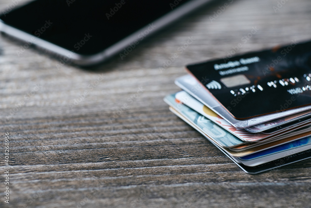 A closeup of many plastic bank cards A closeup of many plastic bank cards