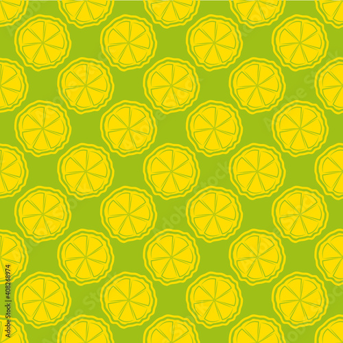 Citrus fruit vector seamless pattern background. Yellow green backdrop with slices of round lemons Geometric illustration with offset colour. All over print for food and drink concept, mixology