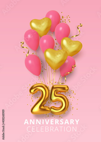 25th Anniversary celebration Number in the form heart of golden and pink balloons. Realistic 3d gold numbers and sparkling confetti, serpentine. Vector