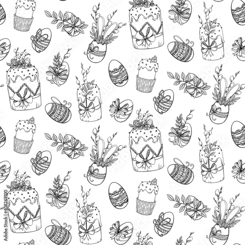 Easter cake and eggs seamless pattern. Pannettone, Paska, Pudding. Doodle hand draw vector. Outline illustration. Perfect for holiday design packaging, paper. Easter holiday white and black background