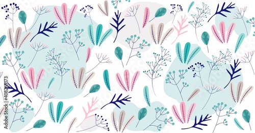 Vector pattern drawn floral print. Seamless background, cute pattern. Plants, flowers, berries, leaves. Natural vibrant design for fashion, fabric, wallpaper. 