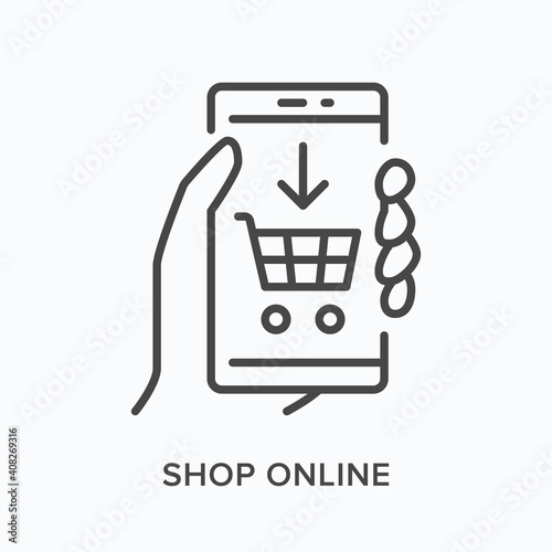 Online shopping flat line icon. Vector outline illustration of hand holding mobile phone with basket on screen. Black thin linear pictogram for e-commerce