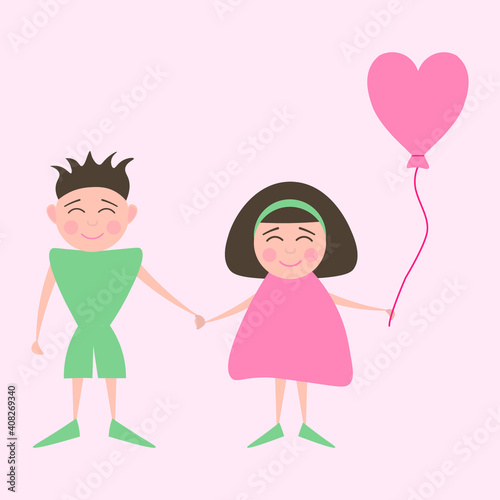 Vector smiling couple in love with pink heart shaped air balloon in flat style on a light pink background. Design element for Valentine's Day, postcard, poster, wallpaper, print, textile, background. 
