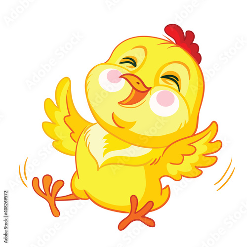Little cute funny yellow chicken rolling with laughter