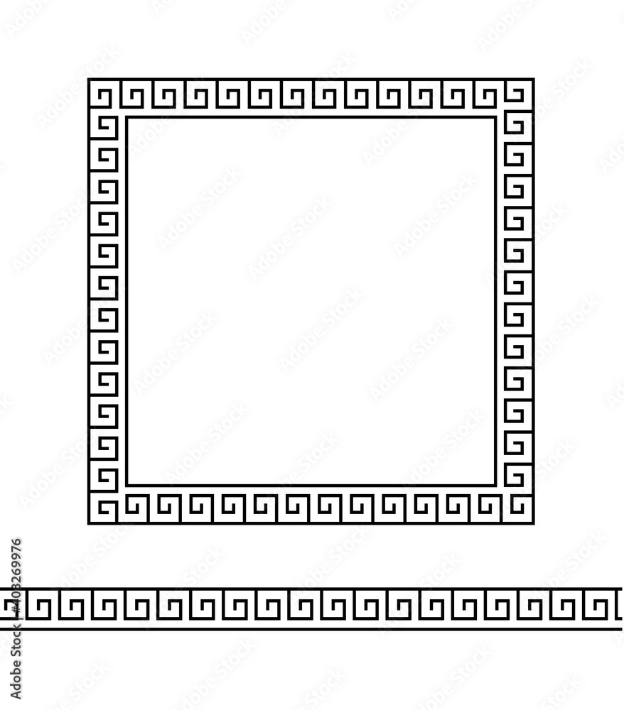 Greek square frame. Meander line. Border seamless pattern. Geometric banner isolated on white background. Greece ornament. Grecian ancient style. Mediterranean decor. Antique design for prints. Vector Greek square frame. Meander line. Border seamless pattern. Geometric banner isolated on white background. Greece ornament. Grecian ancient style. Mediterranean decor. Antique design for prints. Vector