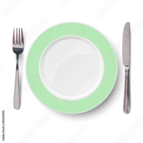 Empty vector green plate with geometric white pattern and knife and fork isolated on white background. View from above.