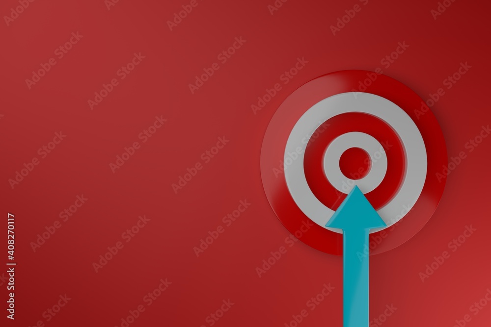 An arrow graph aiming to the center of red target on red background. 3D rendering. An arrow graph aiming to the center of red target on red background. 3D rendering.