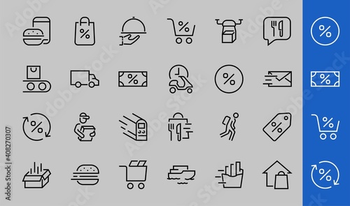 PIZZA DELIVERY, and Food Icon Set Vector thin line, contains courier, home delivery, food ordering, fast transport, drone, ship, car, editable stroke. ICONS circuits