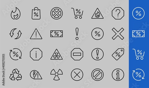 WARNINGS simple set of thin line vector icons. Contains icons such as warning, exclamation mark, reuse, warning sign and more. Editable stroke. Vector illustration
