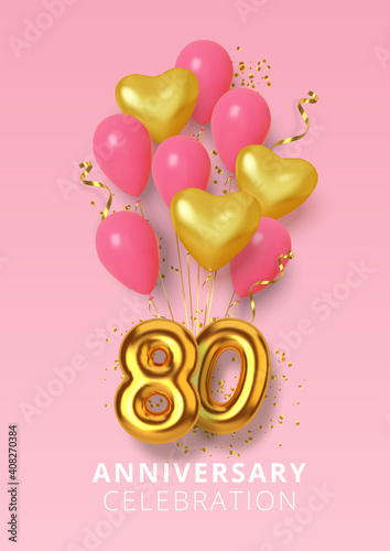 80th Anniversary celebration Number in the form heart of golden and pink balloons. Realistic 3d gold numbers and sparkling confetti, serpentine. Vector