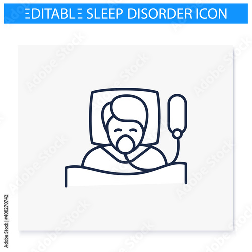 Breathing machine line icon. Apnea treatment. Sleep disorder. Mechanical lungs ventilation. Breathing trouble during sleep. Health care. Isolated vector illustration. Editable stroke 