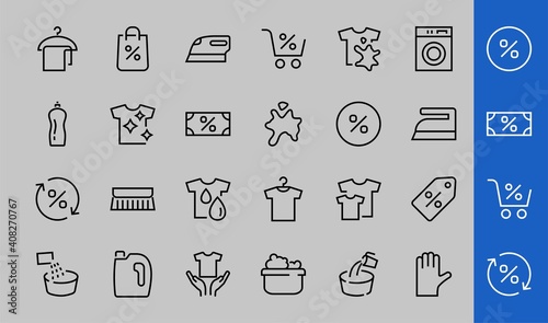 Simple set of washing related vector line Icons. Contains icons such as washing machine, powder, laundry, dirty t-shirt and much more. On a white background, editable stroke. 48x48 pixels perfect