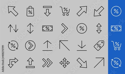 Set of line arrows, directions, arrows, contains icons such as pause, continuation, directly, to the right, Editable stroke. 480x480, On a white background, Vector illustration