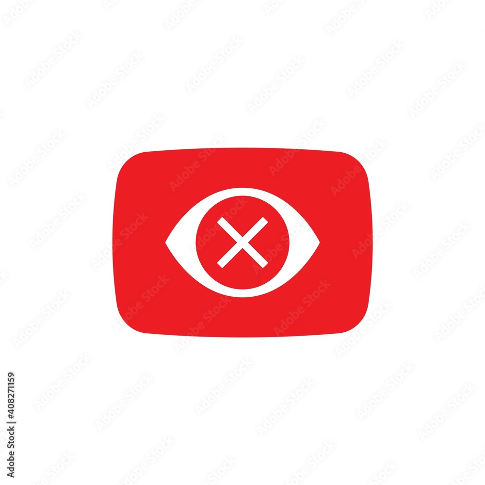 Play button video icon, logo symbol red banner, flat vector, social media sign, mobile app, web video mark vector. Crossed out eye. Play button video icon, logo symbol red banner, flat vector, social media sign, mobile app, web video mark vector. Crossed out eye.