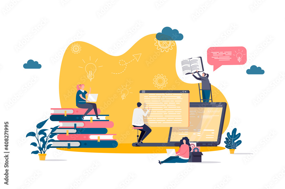 Online studying concept in flat style. Students learning online scene. Distance education, professional seminars and courses web banner. Vector illustration with people characters in work situation. - obrazy, fototapety, plakaty 