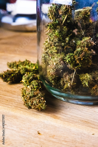 Cannabis inside of a mason jar