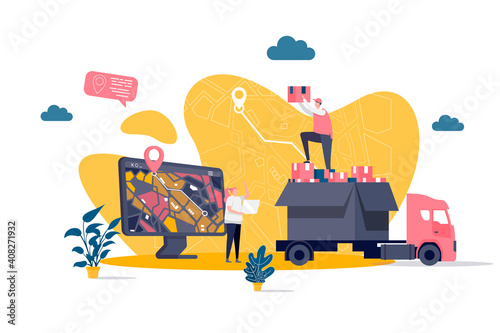 Online delivery concept in flat style. Courier delivery at home scene. Express delivery service, global shipping, online order web banner. Vector illustration with people characters in work situation.