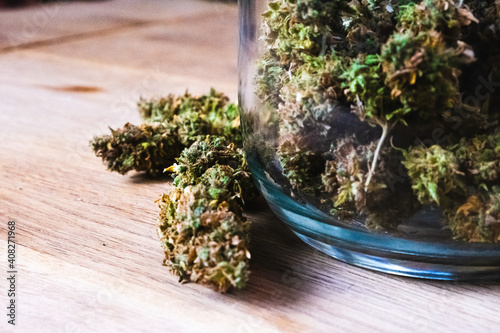 Cannabis inside of a mason jar