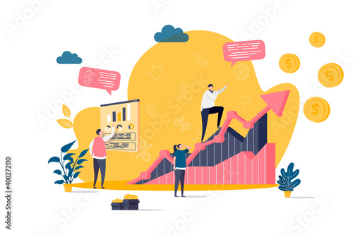 Sales management concept in flat style. Manager analyzing growing chart scene. Developing sales force, coordinating sales operations. Vector illustration with people characters in work situation.