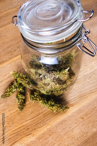 Cannabis inside of a mason jar