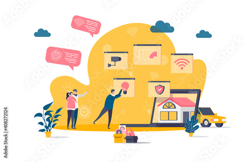 Smart home concept in flat style. People build smart home scene. Online home control, monitoring and management, house system automatization. Vector illustration with people characters in situation.