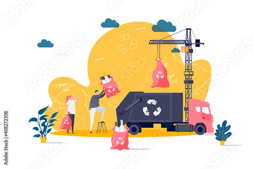 Waste management concept in flat style. People loading sorted waste in truck scene. Control and management of garbage utilization web banner. Vector illustration with people characters in situation.