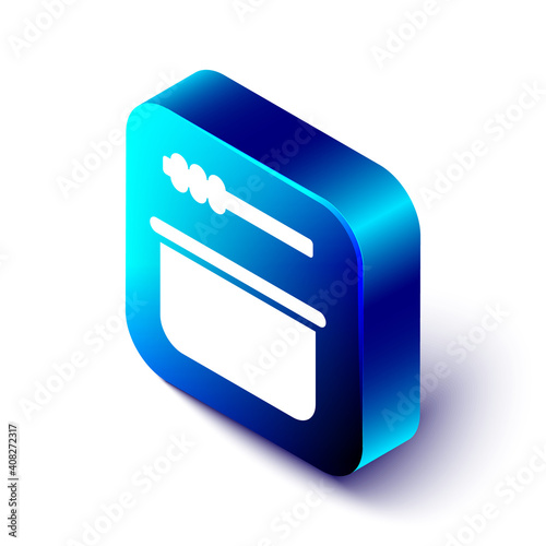 Isometric Sauna bucket and ladle icon isolated on white background. Blue square button. Vector Illustration.