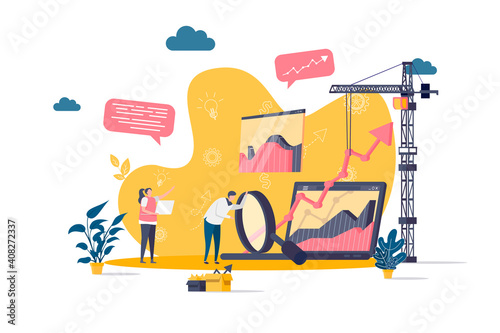 Web analytics concept in flat style. Analyst analyzing growing graph scene. Online data analysis service, stock trading information web banner. Vector illustration with people characters in situation.
