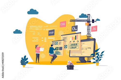 Web development concept in flat style. Developers team construct web application scene. Full stack development, software engineering, design and programming. Vector illustration with people characters