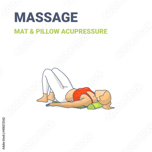 Female lying on an acupressure mat and pillow. Concept of a woman relaxing at home on a massage mat and yoga pillow.