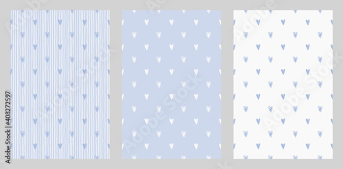 Calm and romantic heart shaped seamless patterns set for kids nursery room. Pale background in doodle style.