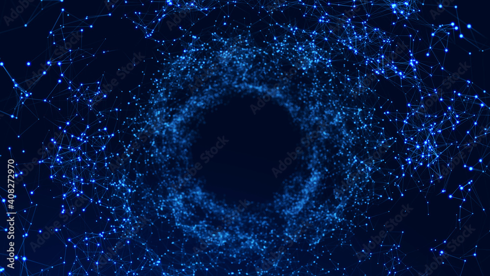 Fototapeta premium Digital binary data tunnel. Abstract connection of dots and lines on dark background. Concept of network. 3D