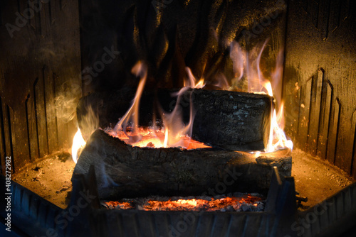 Slika na platnu Bûches de bois brûlant dans l'âtre d'une cheminée